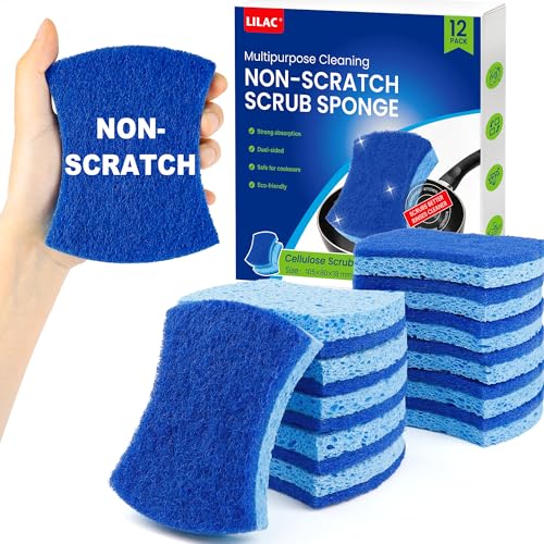 LILAC Non Scratch Sponges, 12 Count, Natural Cellulose Scrub Sponge for Dishes, Non Stick Cookware, Kitchen, Bathroom, Household (Blue) - color: Blue