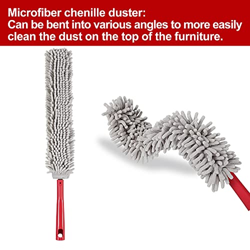 CLEANHOME 69" Bendable Microfiber Feather and Chenille Duster Kit, with Aluminum Telescoping Handle & 2 Removable Washable Heads, Duster for Ceiling Fan, Furniture Top, High Places