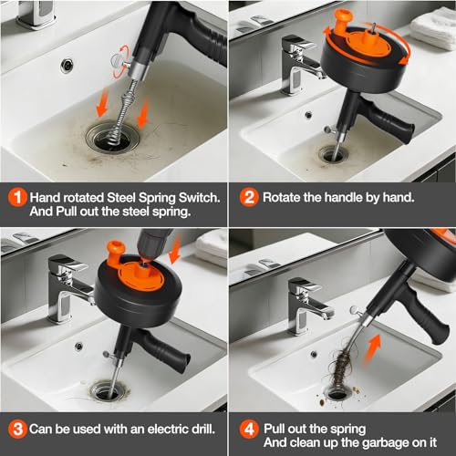 25FT Plumbing Drain Auger Snake, Multi-use Drain Cleaner & Pipe Hair Removal Tool, Drill Powered & Manual Type with Drill Adapter and Gloves for Sink, Shower Drain, Bathtub, Kitchen Sink