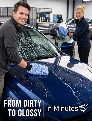 TAKAVU Car Wash Mitt, 2 Pack Microfiber, Scratch-Free (Blue) - color: Blue & White