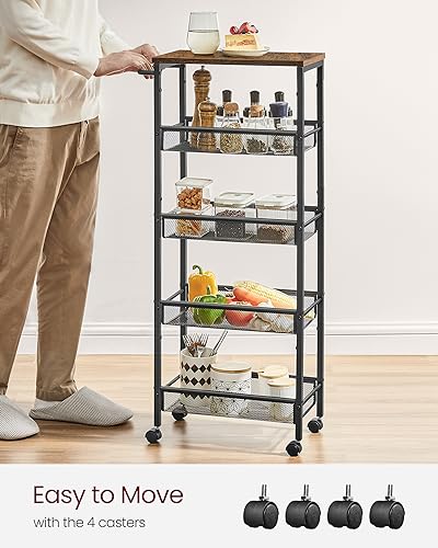 VASAGLE 5-Tier Slim Rolling Storage cart with Wheels, 8.7 Inches, Metal - color: Rustic Brown + Classic Black, size: 5 Tiers (8.7"D x 39.2"H)