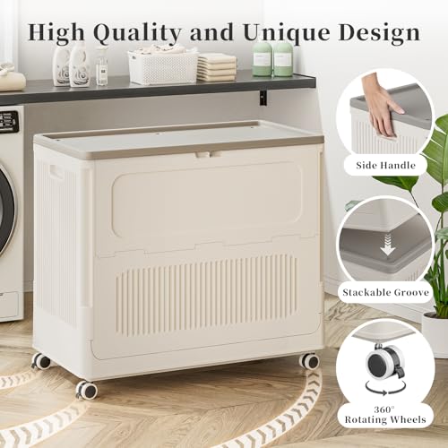 Extra Large Laundry Hamper with Lid Wheels 180L - color: Milky, size: 180L