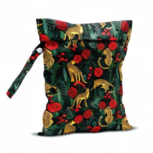 Wet Dry Bag, Wet Bag for Swimsuit, Travel, Beach, Pool, Diapers, Dirty Gym Clothes, Makeup Bag, Camping Accessories, Waterproof Reusable Jungle Tropical Leaves Cheetah Print - color: Panther and Red Flower