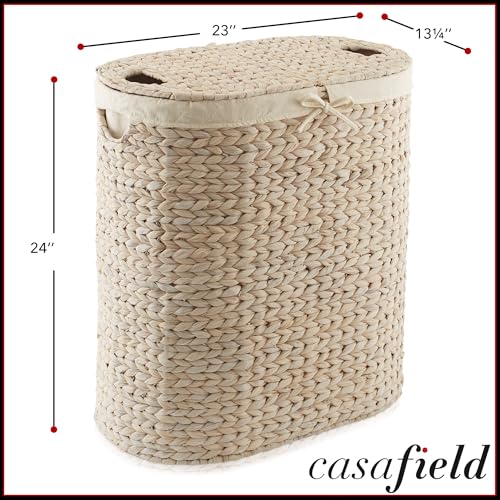 Casafield Oval Laundry Hamper with Lids and Removable Liner Bags - Whitewash White, Woven Water Hyacinth 2-Section Laundry Basket Clothes Sorter - color: Whitewash