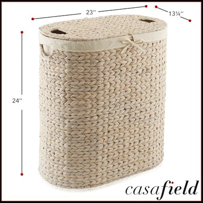 Casafield Oval Laundry Hamper with Lids and Removable Liner Bags - Whitewash White, Woven Water Hyacinth 2-Section Laundry Basket Clothes Sorter - color: Whitewash