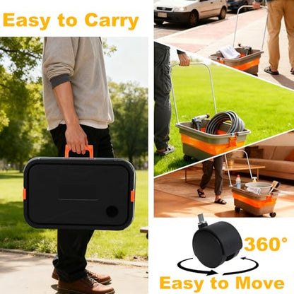 Collapsible Bucket with Wheels and Handle 5.8 Gallon, Drain Plug and Water Outlet, Portable Water Storage Foldable Carts for Mop Cleaning, Camping, RV, Pet Bathing, Fishing, Car Washing