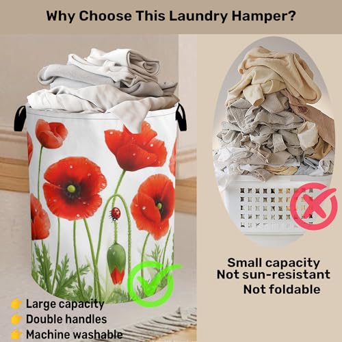 Red Flower Laundry Basket - Heavy Duty 60L Dirty Clothes Organizer, Water Resistant Foldable Hamper for Men Women - color: Red Flower