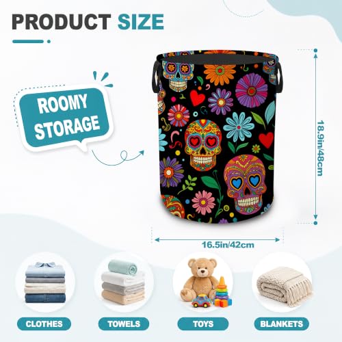 Sugar Skull Floral Collapsible Laundry Hamper,Halloween Day Of Dead Waterproof Oxford Cloth Clothes Basket with Handles for Bathroom Bedroom Nursery Dorm Room,16" x 20" - color: Sugar Skull Floral,Halloween Day Of Dead