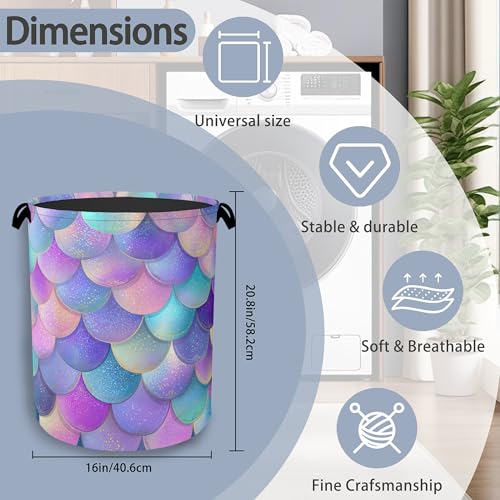 Glitter Fish Scales Laundry Hamper,Mermaids Dirty Clothes Laundry Basket with Handles Waterproof Oxford Cloth Storage Basket for College Dorms Bathroom Bedroom 16" x 20.8" - color: Glitter Fish Scales Mermaids