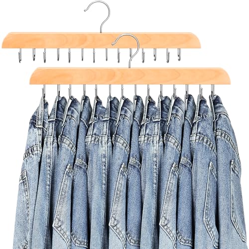 Jean Hangers for Closet, 14 Wood Jeans Hooks Space Saving, 180° Rotating Jean Hangers Holder for Skirts/Shorts/Belts/Ties, Closet Organizers and Storage, Pants Hooks for Jeans, 2 Pack, Natrual - color: Wood
