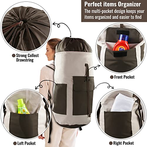 Laundry Bag Backpack 125L Extra Large, Heavy Duty 900D Coated Oxford Fabric, 3 Pockets Durable Travel Laundry Bags with Soft Padded Shoulder Straps for College Dorm, Apartment, Laundromat (Khaki) - color: Khaki