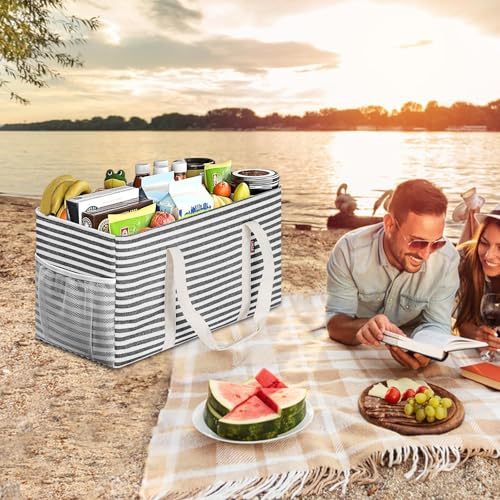 LHZK Standing Extra Large Utility Tote Bag with Metal Wire Frame and the Sides Rinforced, Extra Large Tote Bag with Handle, Reusable Grocery Bags Foldable, Beach Bag, Car Tote, Black - color: Black/White, size: 22.5''x10.5''x12''-1 Pack