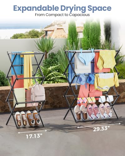 APEXCHASER Oversize 3-Tier Clothes Drying Rack, No Install, Black - color: Black