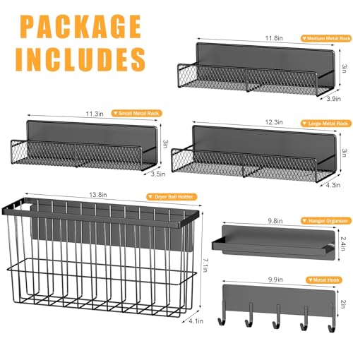 6 Pack Magnetic Shelves for Washing Machine, Magnetic Spice Rack Organizer for Refrigerator, Magnetic Shelf with Hanger Organizer, Metal Magnetic Basket, Laundry Organization and Storage, Black - color: Black, size: Large 6-Pack (11.3"-13.8")