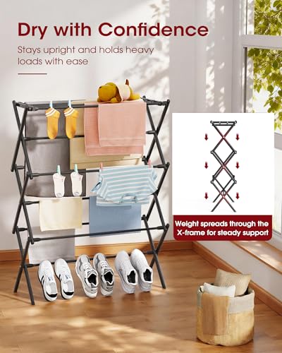 Sakugi Foldable 3-Tier Clothes Drying Rack 37.4" H with Non-Slip Feet - color: Black, size: 3 Tier Standard