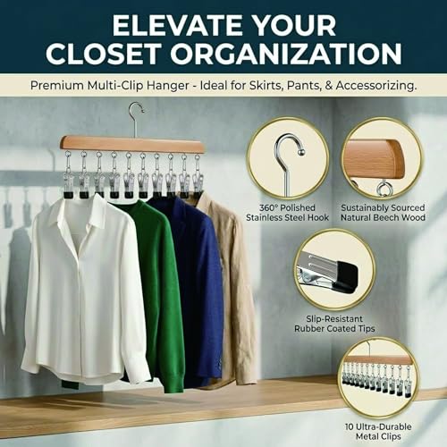 Multi-Functional Closet Organizer with 10 Clips, Space Saving Wooden Hanger for Pants, Leggings, Skirts, Scarves, Hats, Tanks, Socks (2Pcs, Wood) - color: Wood
