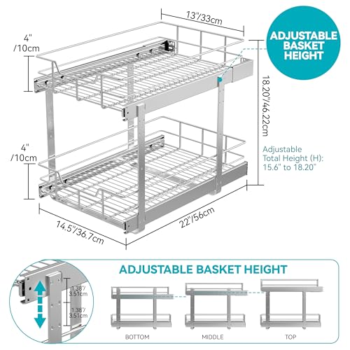 2 Tier Pull Out Cabinet Organizer 15" W X 22" D, Chromed, Full Slide Out - color: 2 Tier - Chrome-Plated, size: 15" W X 22" D