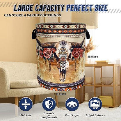 Longhorn Cattle Laundry Basket Oxford Cloth Foldable Hamper 18.9x16.5 Inch - color: Boho Longhorn Cattle Skull Tribal