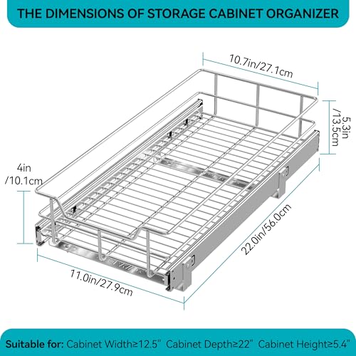 Pull Out Cabinet Organizer 11" W X 22" D, Chromed, Full Slide Out Drawers - color: 1 Tier - Chrome-Plated, size: 11" W X 22" D