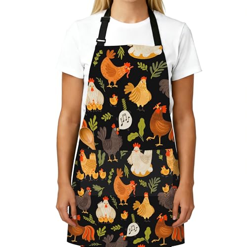Adjustable Baking Aprons for Women - Cooking Aprons for Women with Pockets, Perfect for Baking Cooking Gradening - color: Chicken Black