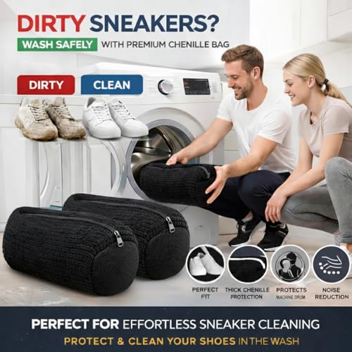 Shoe Washing Machine Bag 2 Pack for Washer & Dryer – Thick Padded Sneaker Laundry Bags with Mesh Panels & Zipper, Protective Shoe Washer Bag for Running & Gym Shoes (Black) - color: Black