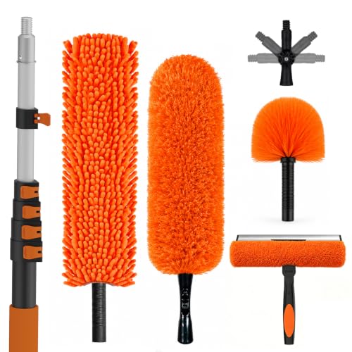 SISUPASSIE 30FT Reach High Ceiling Duster Kit, Window Cleaning kit with 5-24FT Extension Pole, Fan Duster for Ceiling Fan Blades, Microfiber Feather Duster, Rotatable Window Squeegee and Cobweb Duster - size: 24FT