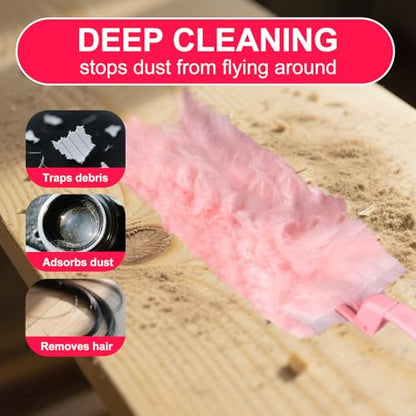 ITTAR 30 Count Duster Refill kit, Dust Cleaning Supplies with Extension Pole, Fan Feather Dusters with 2 Types Handle for Cleaning Home, Celling Fan, Blinds, Furniture, Vent & Shelves-Pink