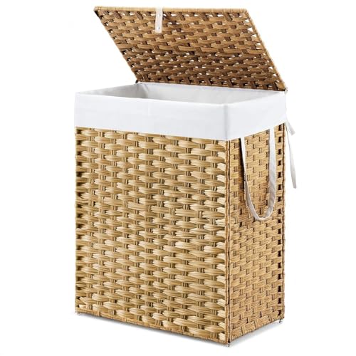 NEWBULIG Laundry Hamper with Lid, 23.8 Gallon (90L) Wicker Clothes Basket, Double Clothes Basket Organizer for Bedroom, Bathroom & Laundry Room, Yellow - color: Yellow, size: 23.8 Gal