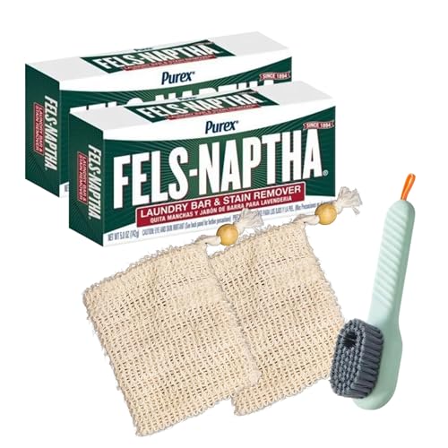 AMSY Stain Remover Bundle - Laundry Brush with Soap Dispenser & 2 Sisal Pouches Bundled with 2 Pack of Fels Naptha Laundry Bars - color: Sisal Bag
