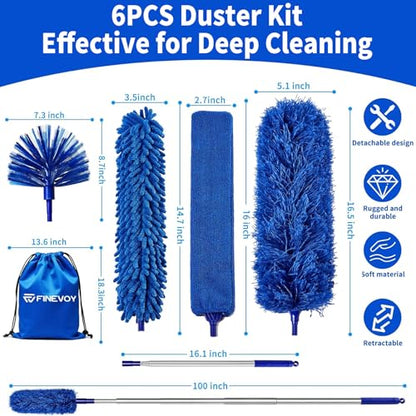 6-in-1 Duster with Extension Pole, 100" Long Reach Cleaning Kit for Home - size: 6 in 1