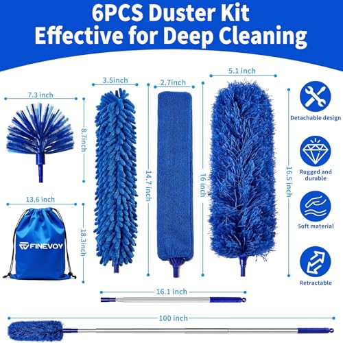 6-in-1 Duster with Extension Pole, 100" Long Reach Cleaning Kit for Home - size: 6 in 1