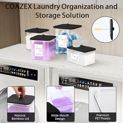 COAZEX 4 Pack Clear Laundry Pods Container & Dryer Sheet Holder,Black Lids - color: Black-Square-White Labels