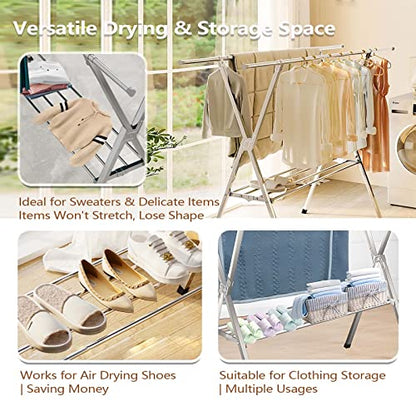 JAUREE Clothes Drying Rack 2 Tiers, Heavy Duty Drying Rack Clothing Folding Indoor Outdoor, Stainless Steel Laundry Drying Rack, Foldable Garment Rack with 20 Windproof Hooks (84 Inches)