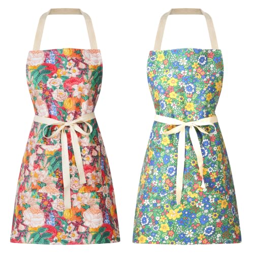 DILLMAN 2 Pack Floral Aprons with Pocket Blooming Womens Waterproof Adjustable Cooking Aprons Kitchen Gardening Salon - color: 2pack #D