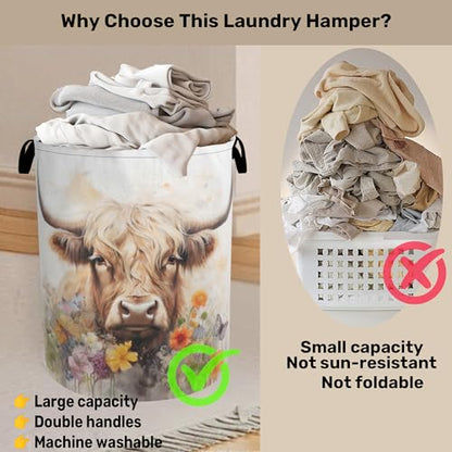 Highland Cow Summer Flowers Large Clothes Hamper Bag - Laundry Basket with Handles, Space Saving Foldable Design for Nursery - color: Highland Cow Summer Flowers