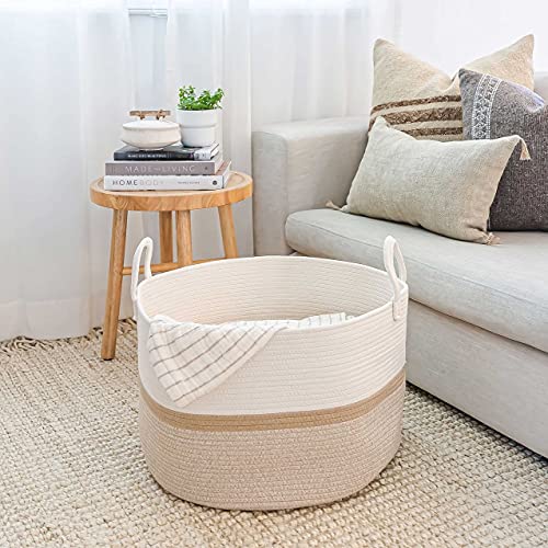 OrganiHaus Round Toy Basket & Blanket Basket, Cotton Rope 20x13" - color: Striped Honey, size: Wide