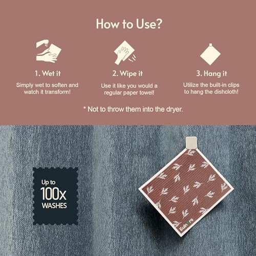 Eulnars Swedish Dishcloths, 8 Pack Reusable Paper Towels with Clips, Quick Drying Dish Towels, Super Absorbent Cellulose Sponge Cloths, No Odor, Kitchen Cleaning Essentials - color: Simple Leaf