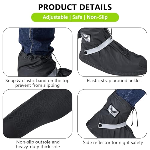 Dream Apparel Waterproof Rain Shoe Covers with Reflector Overboots Boot Covers Galoshes Men Women, Side Zipper, Non-Slip Reusable Foldable Motorcycle Rain Overshoes Over Shoe Boots Black - size: X-Large