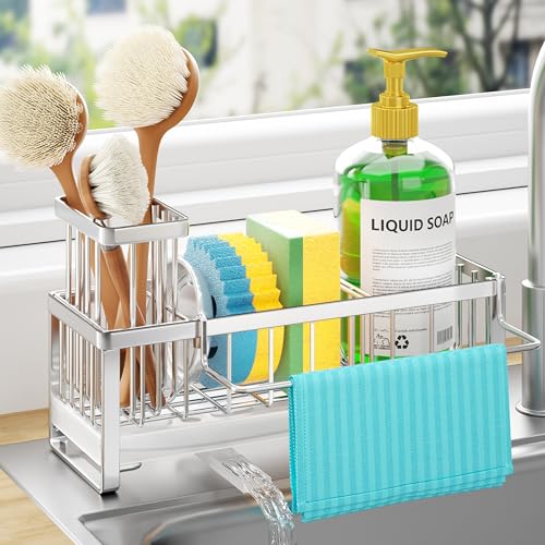 HapiRm Sponge Holder for Kitchen Sink - Self-draining Sink Caddy with Brush Holder and Dishcloth Holder, Stainless Steel Kitchen Organizer - Silver - color: Silver, size: with Dishcloth Holder