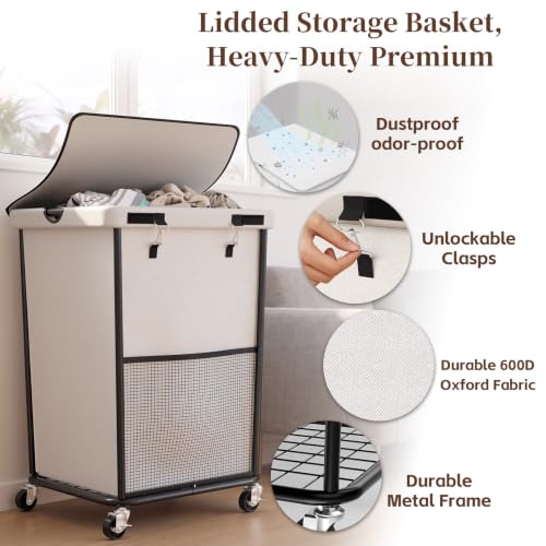 Laundry Hamper with Wheels and Lid, 150L Large Rolling Laundry Basket White - color: White, size: 150L