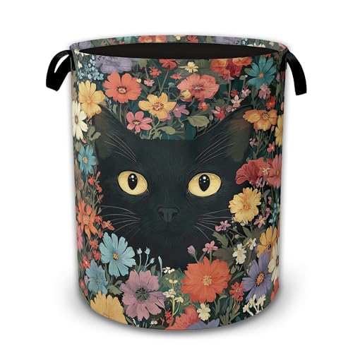 Laundry Hamper Foldable with Handles,Black Cat Oxford Cloth Laundry Basket,Colorful Flower Storage Organizer for Bathroom Bedroom Dorm 16"x20.8" - color: Black Cat,Colorful Flower
