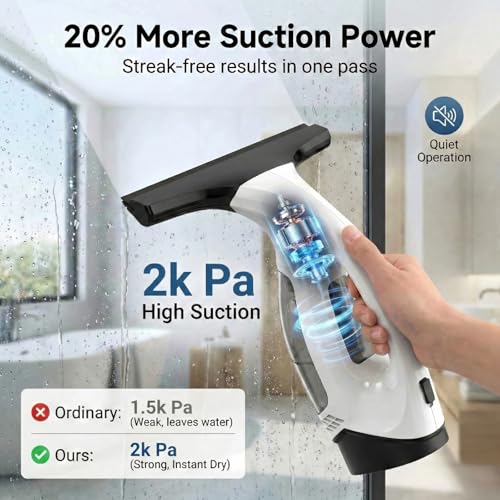 Window Vacuum Squeegee Cordless, 2000Pa & 2200mAh Electric Window Cleaner