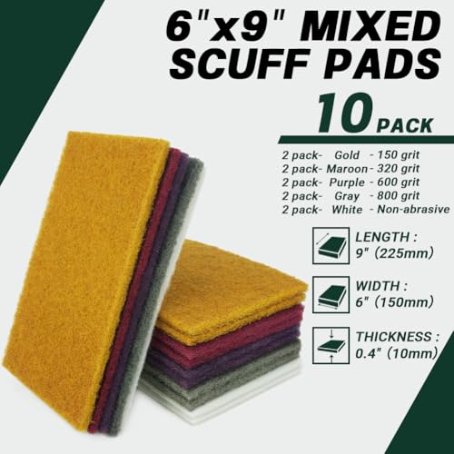 6" x 9" Scuff Pad Variety 10 Pack – Multi-Grit Non-Woven Hand Pads for Scuffing, Scouring, Sanding, Cleaning, Blending, & Surface Prep – Reusable Aluminum Oxide Abrasive Pads - color: Assorted