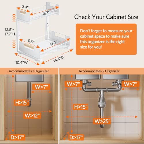 Delamu Under Sink Organizer Kitchen, 2-Tier Pull-Out Cabinet Shelf, 2-Pack