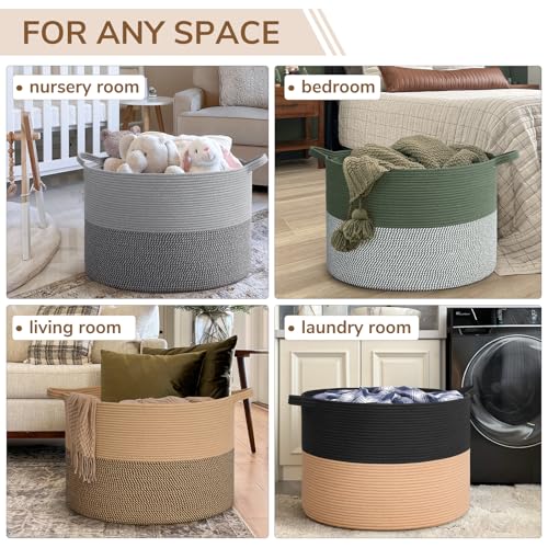 INDRESSME 115L Extra Large Woven Rope Blanket Basket Living Room BlackCamel - color: Black & Camel, size: 23.6"D x 15.7"H