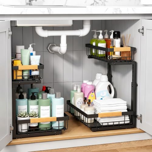 Under Sink Organizer 2 Pack, 2 Tier Pull Out Cabinet Organizers and Storage for Kitchen Bathroom Pantry Laundry, Adjustable Height, Slide Out Thickened Metal Storage Shelf (Black, 2 Pack) - color: Black, size: 2 Pack
