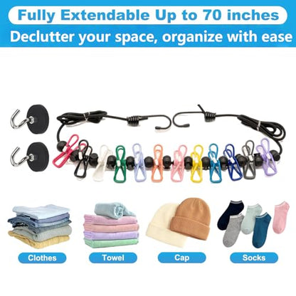 Portable Magnetic Clothesline for Cruise Ship Cabin, Travel Clothesline with 12 Clips and Carry Bag, Rubber-Coated Non-Scratch Magnets for Cruise, RV & Hotel