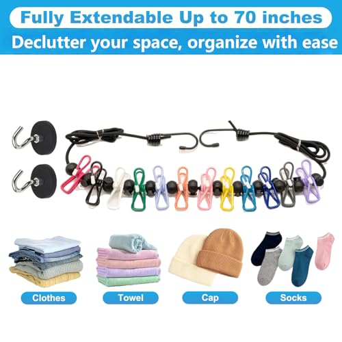 Portable Magnetic Clothesline for Cruise Ship Cabin, Travel Clothesline with 12 Clips and Carry Bag, Rubber-Coated Non-Scratch Magnets for Cruise, RV & Hotel