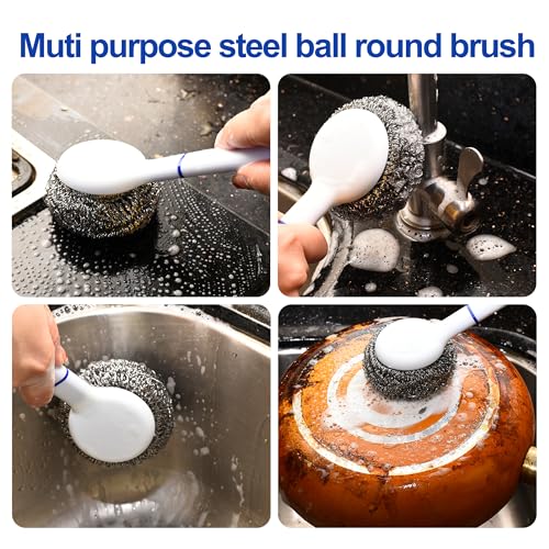 Kitchen Cleaning kit, 3 Pairs Reusable Waterproof Household Dishwashing Cleaning Gloves, 6 PCS Steel Wool Scrubbers with Handle, 5 PCS Crevice Cleaning Brush Set.