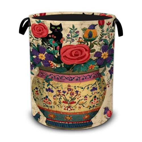 Black Cat Flowers Laundry Basket,Floral Vase Art Foldable Oxford Laundry Hamper with Handles,Collapsible Clothes Storage Basket for Bedroom,Bathroom,or Laundry Room,20.8 x 16 Inches - color: Black Cat Flowers Floral Vase Art